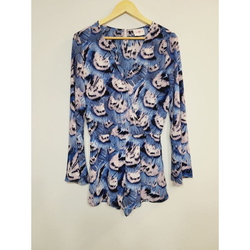 Buddy Love Surplice Abstract Feather Blue and Pink Bell Sleeve Romper, Size Sm